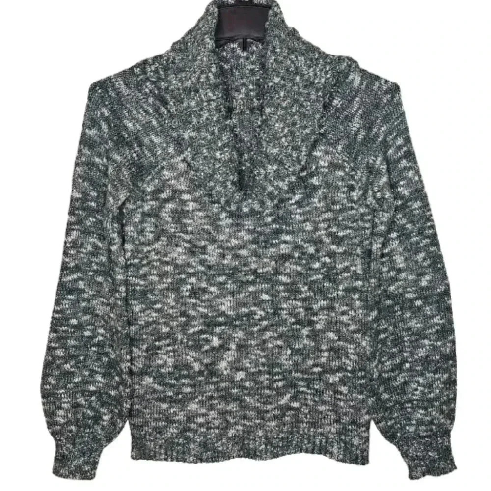 Women's Hunter L Green White Speckled Cowl Neck Balloon Sleeve Sweater Cabincore